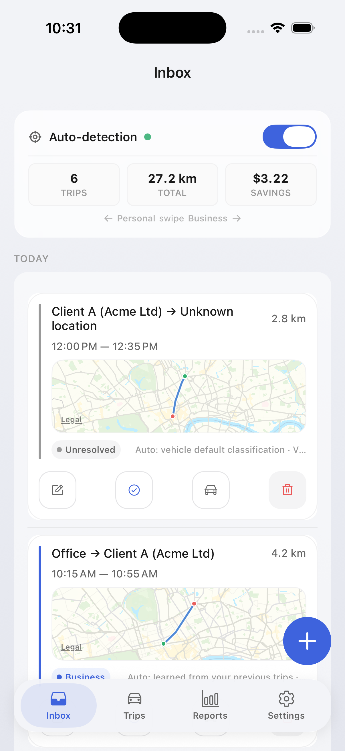 MileTrack Inbox with auto-detection summary, unresolved trip review, and quick classification actions